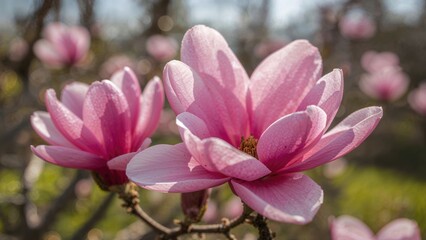 Fototapeta premium Magnolia flowers in bloom in springtime, close-up shot with vibrant pink petals and blurred background.