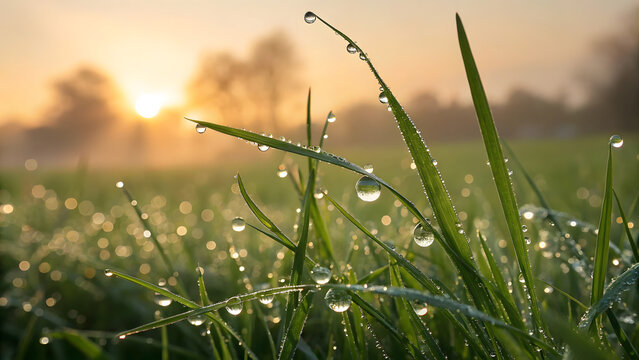 Close up of grass blades covered in water droplets at sunrise in a field with blurred background - Powered by Adobe