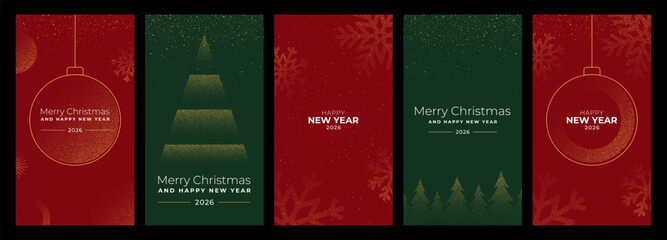 Set of modern Merry Christmas and Happy New Year 2026 greeting card or banner with dotted pattern elements for holiday design.