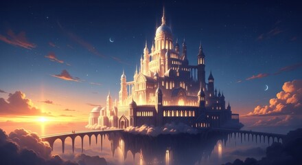 Fototapeta premium Majestic Fantasy Castle Floating in the Clouds at Sunset.
