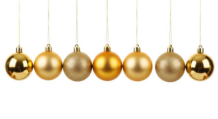 Elegant gold Christmas ornaments hanging in a festive row, perfect for holiday cards and winter designs with a touch of seasonal glamour