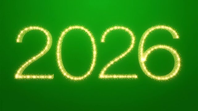 Happy New Year 2026, glittering light effect text on green screen background. New year celebration holiday animation with chroma key.