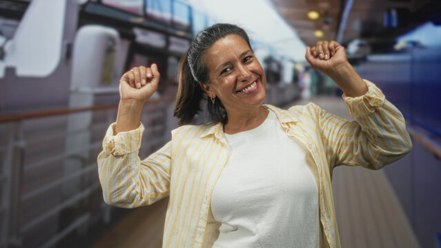 Woman middle age hispanic brunette with raised fists dancing and smiling before a cruise ship backdrop in a studio; joy celebration.