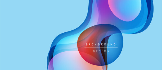 Abstract fluid shapes overlap, creating vibrant color gradients. Blue, pink, red hues dominate light background. Modern design element.