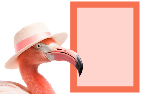 Flamingo head in stylish hat with graphic text frames isolated on transparent, AI-generated illustration.