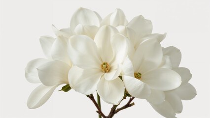 Obraz premium White magnolia flowers on a branch with petals overlapping and a neutral background. Botanical and floral concept, natural beauty, and elegance. The concept of flowering and plant life.