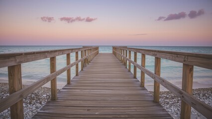 A wooden pier extending over the beach toward the ocean at sunset or sunrise with calm waters and a pastel-colored sky.