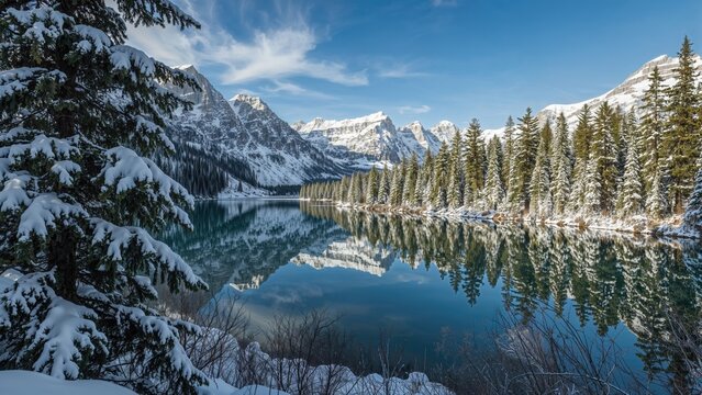 Snow-covered trees and mountains reflected in a calm lake, showcasing a winter landscape in nature.