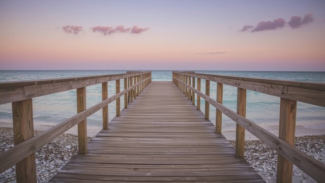 A wooden pier extending over the beach toward the ocean at sunset or sunrise with calm waters and a pastel-colored sky.