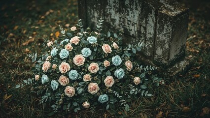 A floral bouquet of roses placed at a grave on the ground, with a mossy tombstone in the background.