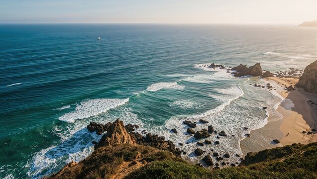 Coastal landscape with ocean waves, rocky shoreline, and sandy beach, taken from a high vantage point during daylight.