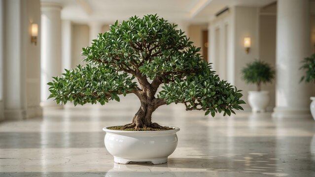 A potted bonsai tree placed in a spacious, well-lit interior with white columns and elegant decor.