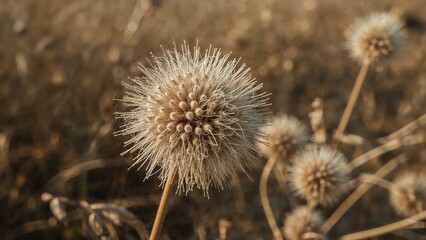 Dry dandelion seed head in a field, close-up nature photograph.
