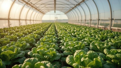 Fototapeta premium A greenhouse filled with lush green lettuce crops growing indoors under artificial lighting