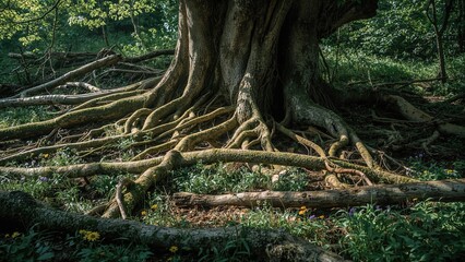 A large tree with extensive roots spreading across the forest floor, surrounded by lush green foliage and sunlight filtering through the leaves.