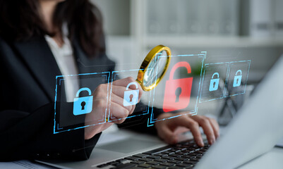 Digital security concept illustrating a cybersecurity breach, with a red unlocked padlock indicating data exposure among secure systems, emphasizing system vulnerability and risk Latch