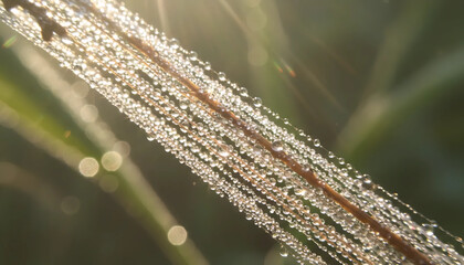 Naklejka premium Morning Dew Drops | Glistening Grass Stems | Nature’s Beauty at Sunrise