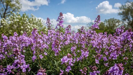 Naklejka premium Vivid purple flowers blooming in a field under a bright blue sky with white clouds and green trees in the background.