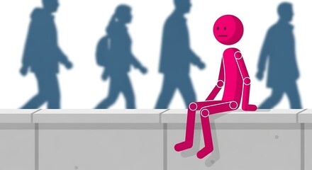 Pink Stick Figure Contemplates Life Amidst Blurred Crowd on Concrete Wall.