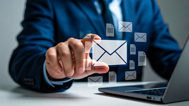 Business professional pointing at glowing envelope icon symbolizing email communication, marketing and digital correspondence - Powered by Adobe