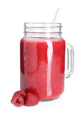 Tasty smoothie in mason jar and raspberries isolated on white