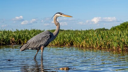 Naklejka premium A heron standing in water with green grass and a blue sky in the background.