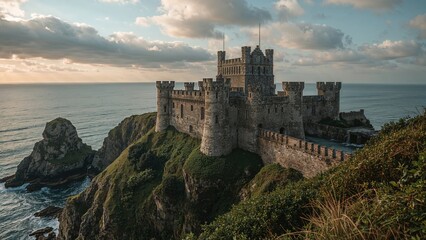 Obraz premium A castle on a cliff overlooking the ocean with a cloudy sky. Historic fortress and coastal landscape. The concept of medieval architecture and seaside views.
