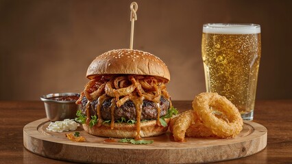 A burger with onion rings, a side of dipping sauce, and a glass of beer on a wooden serving board.