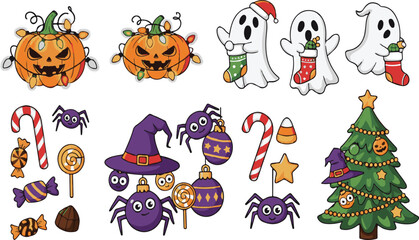Halloween and Christmas cartoon elements with pumpkins ghosts spiders and tree