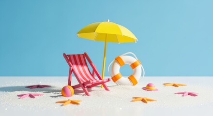 Miniature beach scene with a red and white striped deck chair, yellow umbrella, lifebuoy, and starfish on white sand against a bright blue background