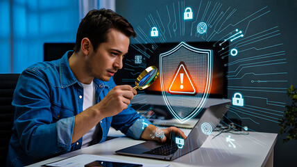Man investigating laptop screen with cybersecurity graphics symbolizing threat detection, data protection and digital security analysis
