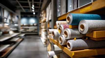 Defocused view of renovation materials aisle with rolls of wallpaper and tile samples, soft lighting creating depth, with copy space.
