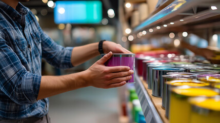 Faceless worker arranging paint cans on bright store shelves, softly defocused digital screen interface in the background, warm light tones, with copy space.