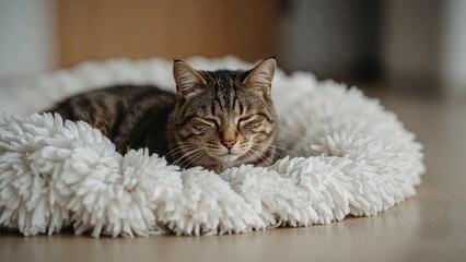 A cat sleeping peacefully on a fluffy white bed.