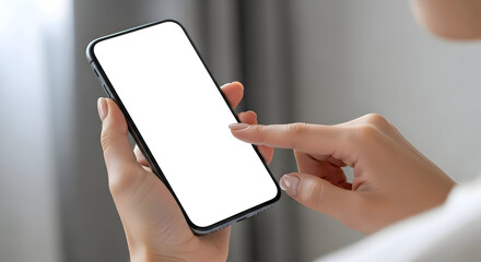Woman's hands holding and touching a smartphone with a blank white screen mobile phone finger
