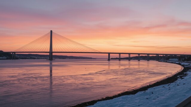 Bridge spanning over water during sunset with a curved shoreline. Urban and landscape scenery at dusk. Infrastructure and nature. The scene of a bridge and water at sunset.