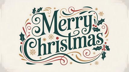 Obraz premium Festive Merry Christmas Typography with Holly and Snowflakes Design Illustration