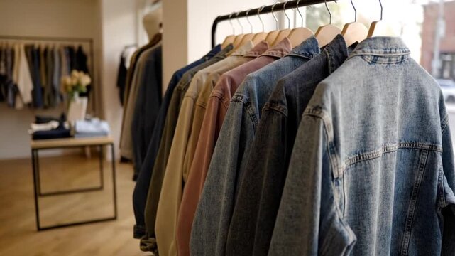 Row of stylish denim jackets in various colors displayed on a rack in a modern clothing store