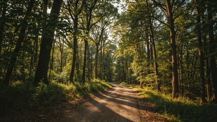 A forest scene with tall trees and a dirt path, illuminated by sunlight filtering through the leaves.