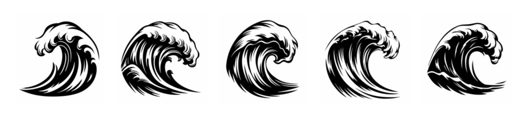 Dynamic black and white japanese wave art set multiple crashing ocean waves stylized design elements