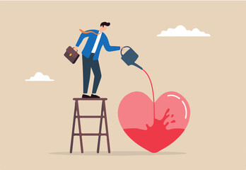 Businessman pouring water to fill heart illustrating work passion and motivation to succeed. Concept of attitude of finding fulfillment in work we love to do, fostering mindset dedicated to success