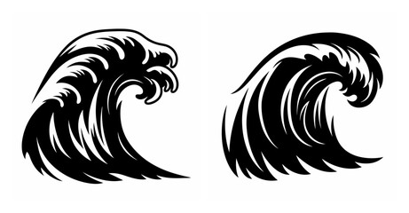Stylized black and white ocean waves two majestic swirling water forms representing sea power and natural beauty