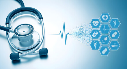 Stethoscope and blue medical icons with electrocardiogram pulse health healthcare