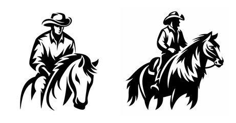 Two bold cowboy riders on horses silhouette style black and white dynamic western art