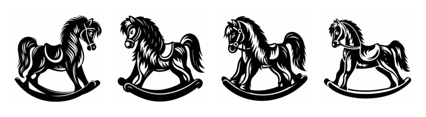 Four detailed silhouette engravings of classic rocking horses showcasing timeless playtime charm