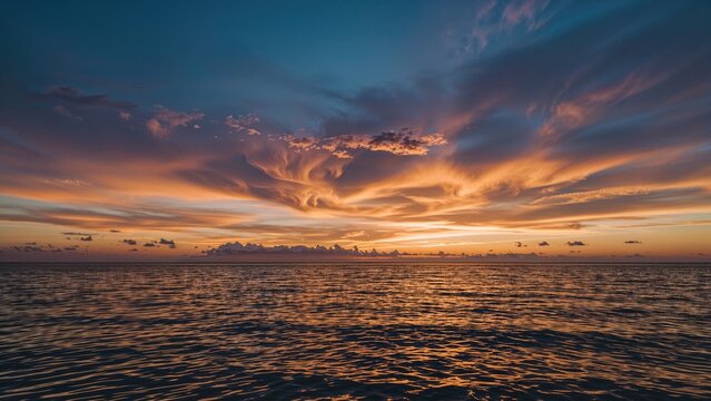 Vivid sunset over a calm ocean with dramatic clouds and colorful sky, creating a peaceful and picturesque scene.