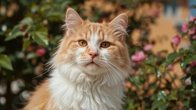 A close-up of an orange and white cat with yellow eyes amid pink flowers and green leaves.