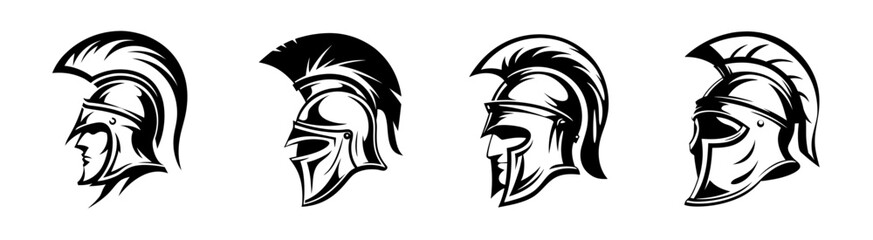Four distinct profiles of a detailed roman gladiator helmet offering unique angles and fierce warrior imagery