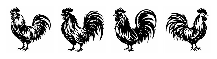 Collection of four detailed rooster silhouettes showing different poses and angles for farmyard art