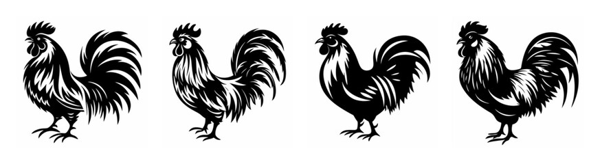Striking rooster silhouettes a triumphant collection of four classic farmyard fowl poses